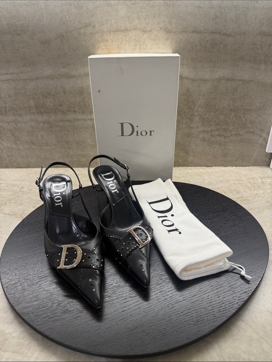 Dior Shoes - Dior Black Pointed Leather Slingback Heels with Silver D Buckle